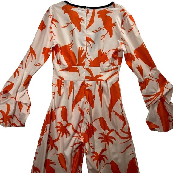 OC Order Womens S Poet Sleeve Bird Print Jumpsuit Deep Neck Wide Leg Resort Wear - Picture 8 of 16